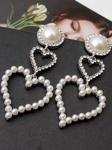 1 对女孩优雅珍珠和钻石镶嵌心形耳环，时尚女孩耳环 - 米色 - 查看 6