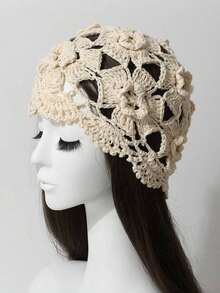 1pc Women's Spring/Summer Handmade Crochet Mesh Floral Hollow Out Vintage Elegant Breathable Thin Knit Cap, Handmade Knit Headband Beanie, Fashionable - 針織帽 - 查看 9