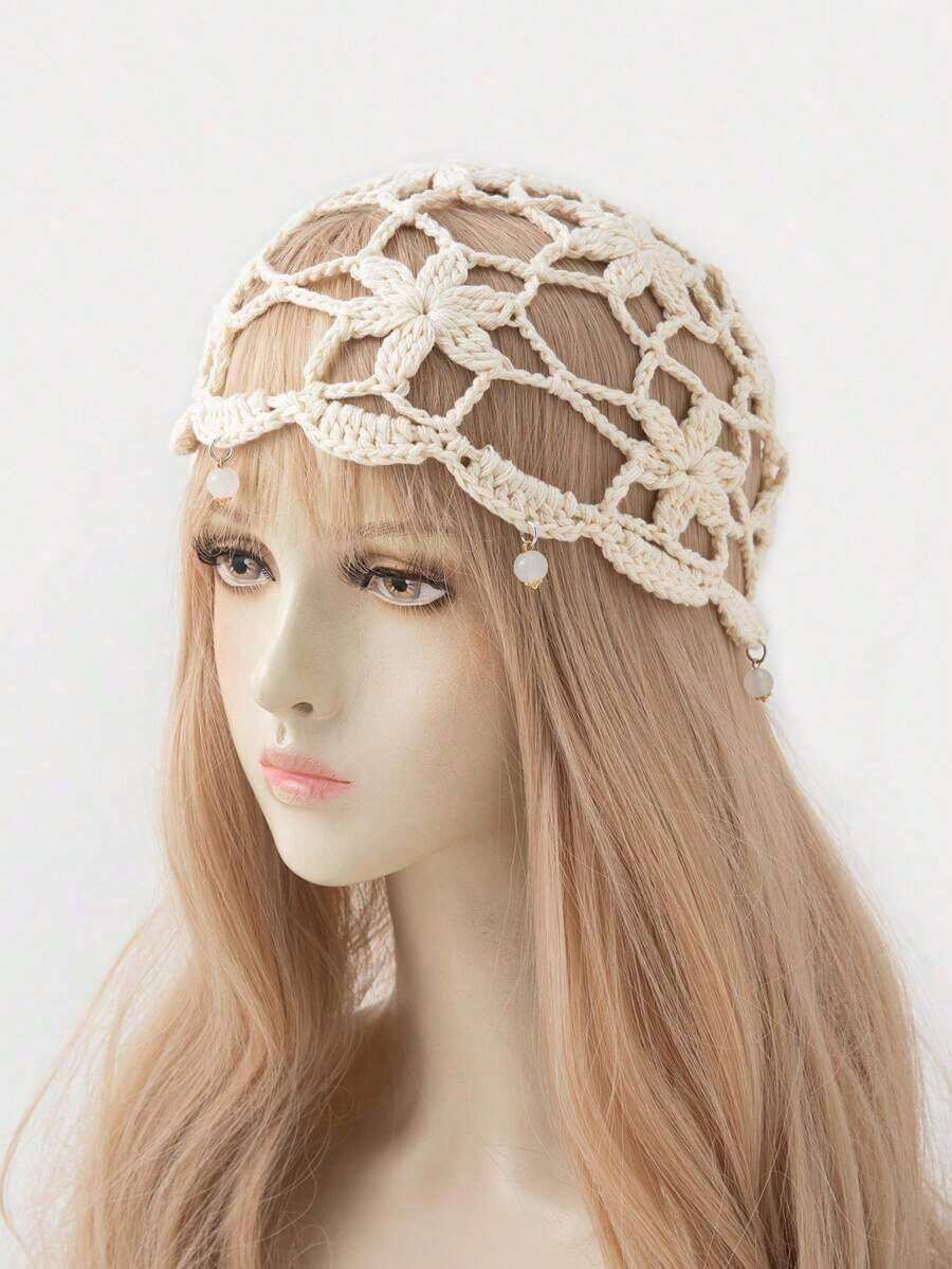 1pc Women's Lightweight Hollow Decor Handmade Crochet Knitted Hat, Suitable Spring, Summer, Autumn Daily, Beach, Outdoor Wear - 鏤空亮片 - 查看 1