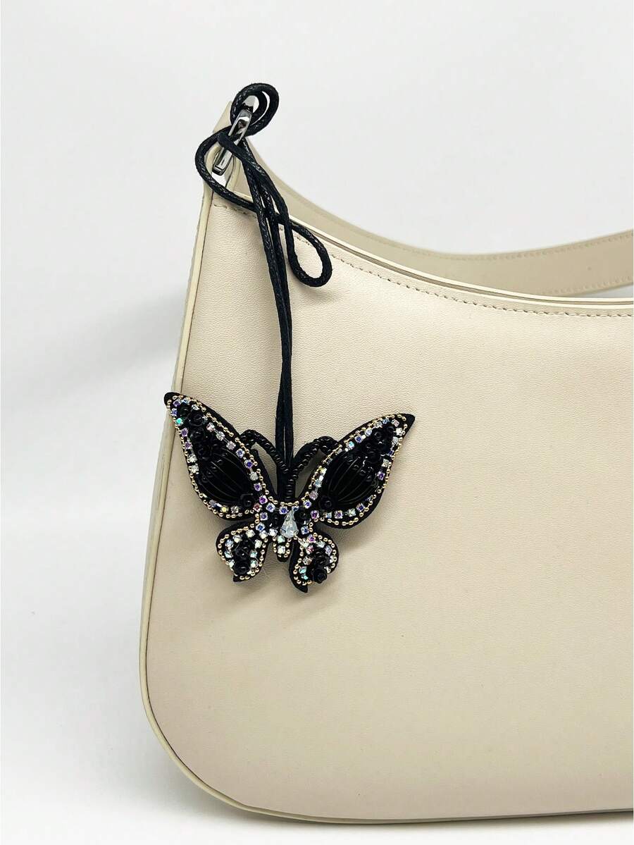 1pc Handmade Beaded Butterfly Bag Charm, Elegant Minimalist Accessory - Black - View 1