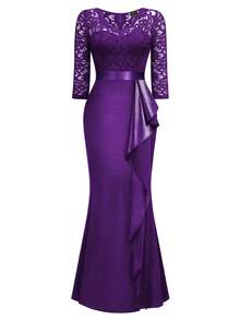 MIUSOL Elegant Women's V-Neck Contrast Lace Ruffle Satin Maxi Dress, Bodycon Split Hem,  Perfect For Formal Wedding Guest , Evening Party, Birthday - Màu tím - Xem 7