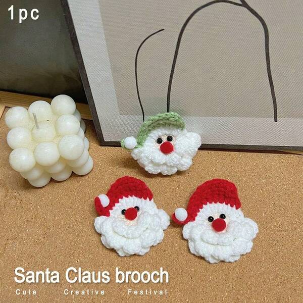 1pc Handmade Crochet Christmas Accessory, Handmade Knitted Santa Claus Head Christmas Hair Accessory Brooch Decor