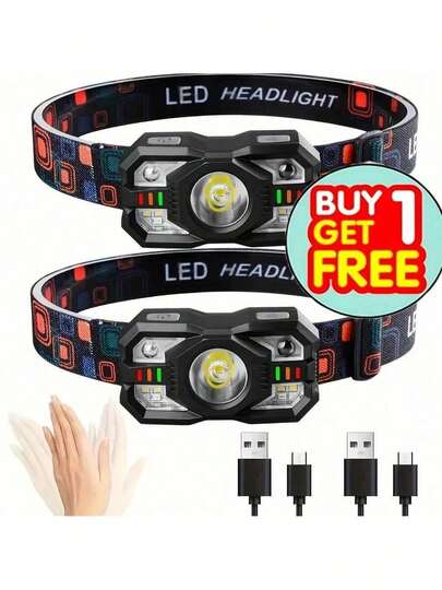 Buy 1 Get 1 Free Ultra-Bright 1200 LUMEN LED Headlamp - 8 Modes, Rechargeable With Red Light Sensor, Rechargeable Work Light, For Auto Repair, Camping, Hiking, Fishing, Cycling, Car Repair, Home, Garage, Emergency, New Year Gift For Men