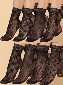 8 双女士蕾丝踝袜、镂空小腿袜、时尚性感中筒袜、内衬袜 - 黑色 - 查看 7