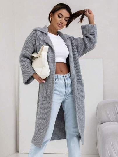 Medium To Long Thick Lapel Pocket Loose Knit Cardigan Sweater Women's Coat