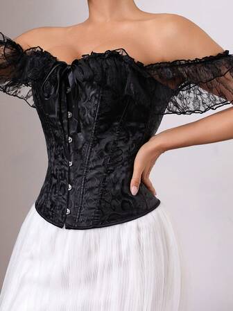 1 pieza Corsé con mangas de encaje para mujer, levanta busto y cintura, hombros descubiertos, adecuado para Halloween, fiestas