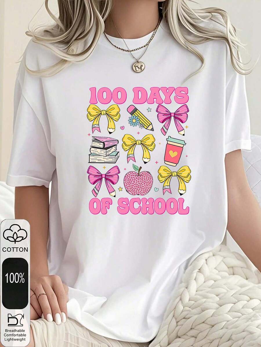 Día 100 de Escuela camiseta algodón 180g blanco y negro,patrón de lazo manzana libro y lápiz,impresión de alta calidad algodón,cuello redondo,corte básico holgado,hombres y mujeres,transpirable,versátil,lavable a máquina,cómoda,talla S~3XL,diario,casual,deportes,imprescindible verano - Blanco - Ver 1