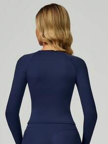 MASKERT 女士紧身长袖露脐上衣和打底裤瑜伽连体衣，长袖运动连体衣，速干高弹 - Dark Blue - 查看 2