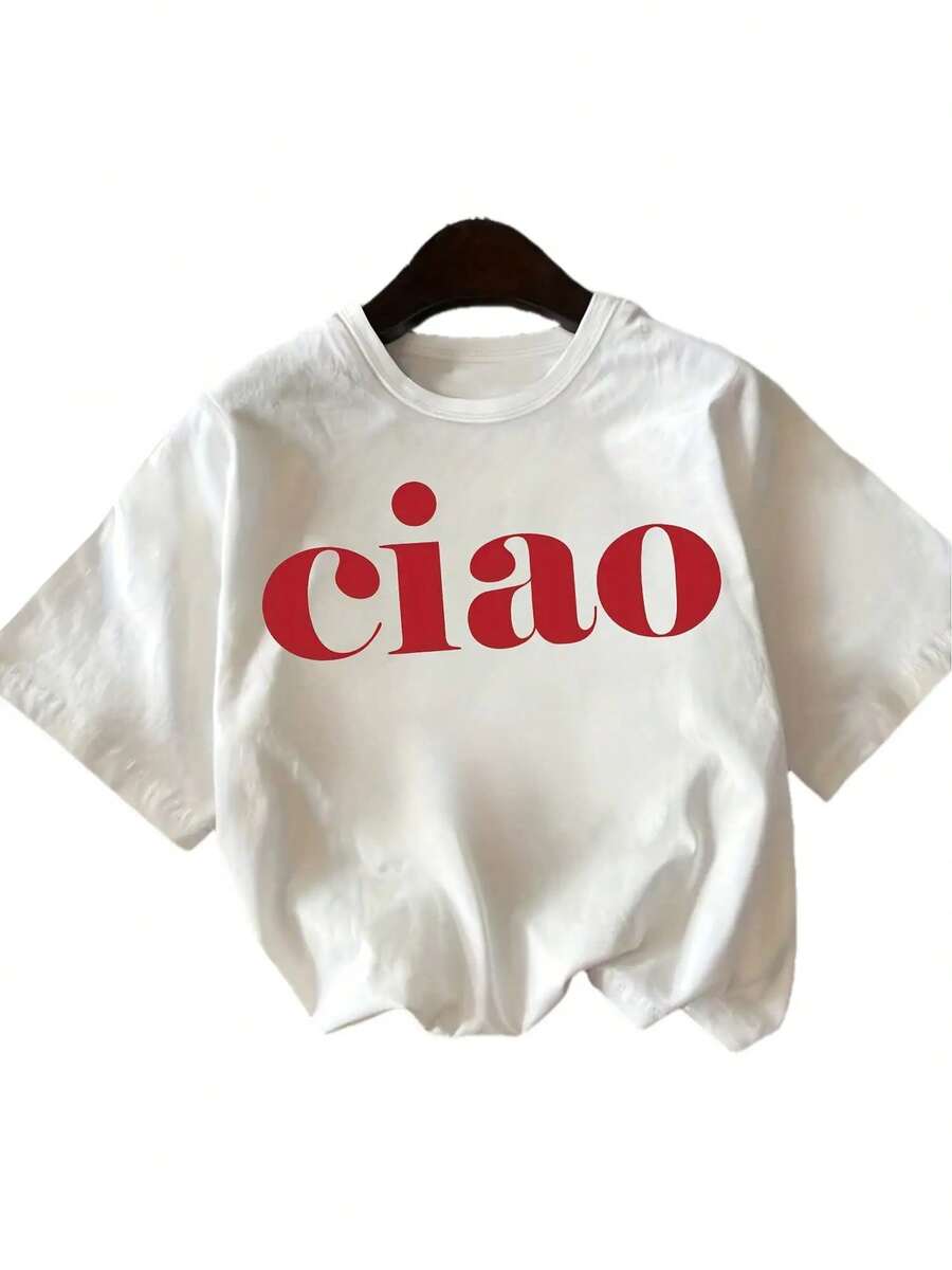 Girls' Italian "Ciao" Graphic T-Shirt - Casual & Comfortable Round Neck Short Sleeve Tee, White With Red Lettering, Perfect For Spring & Summer, Everyday Kids Clothing, Playful Kids Design, Comfortable Kids Wear - 米色 - 查看 1