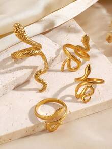 4 件不锈钢 18K 镀金蛇形戒指套装，适合女性日常佩戴 - 彩色 - 查看 4