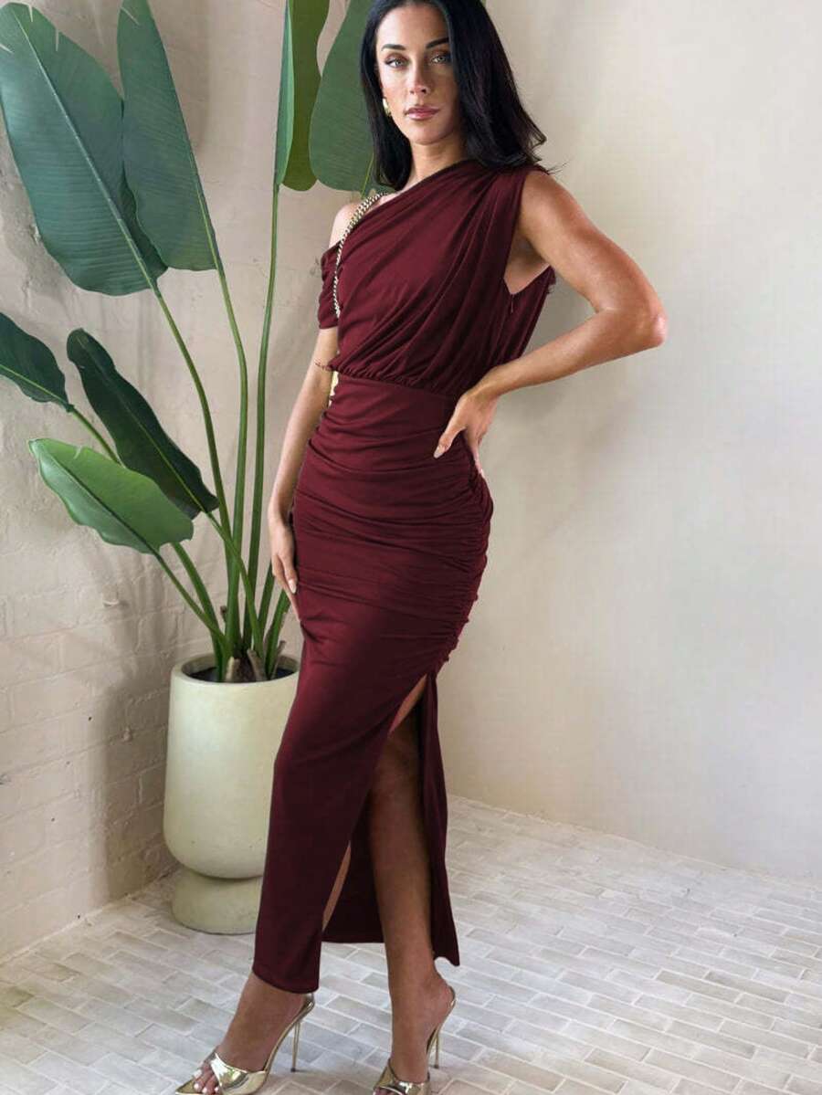 QIANZHIDU Đầm ôm dáng, màu trơn, cổ lệch, xếp ly, thanh lịch, thích hợp cho mùa hè. - Màu Đỏ Sâu - Xem 1