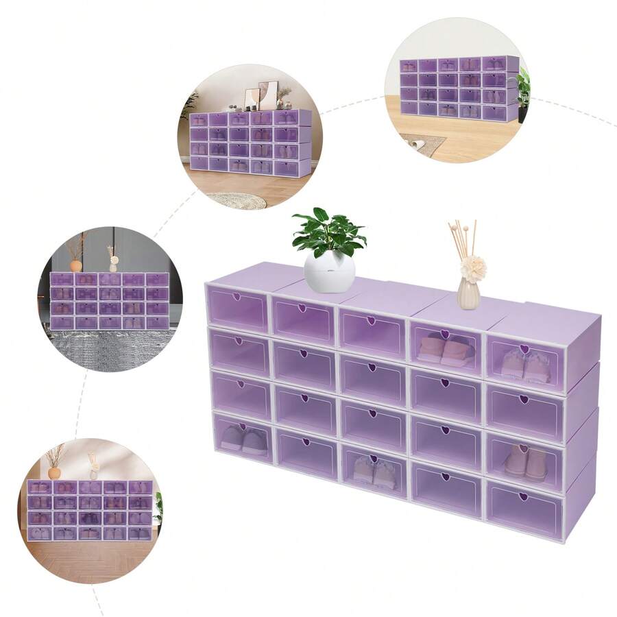 Confezione da 20 scatole per scarpe, organizer per scarpe, contenitori impilabili in plastica con coperchi per donne/uomini, pieghevoli e versatili per scarpe da ginnastica trasparenti