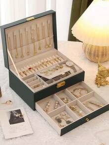 Caja de almacenamiento de joyas de 2 capas de gran capacidad, caja de almacenamiento de joyas portátil, tocador con cajón caja de almacenamiento de joyas, caja de joyas de cuero como regalo, contenedor de almacenamiento y exhibición exquisito, caja de almacenamiento y organización para el baño, cajón de almacenamiento de escritorio - Multicolor - Ver 4