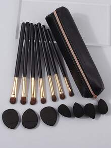 7pcs Animal Hair Eye Makeup Brushes Set + 4pcs Mini Black Makeup Sponge + 3pcs Thumb Makeup Sponges + Stylish Zipper Pouch, Soft Powder Pickup, Beginner Friendly, Affordable Portable Makeup Tools Set