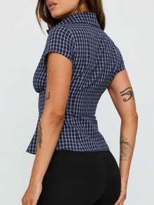 Women Y2k Button Down Shirt Top Blouse Plaid/Solid Color Short Sleeve Lapel Slim Fit Gingham T Shirts Crop Tops Summer Going Out Cropped Tees Tops Party Club Streetwear - Màu xanh hải quân - Xem 2