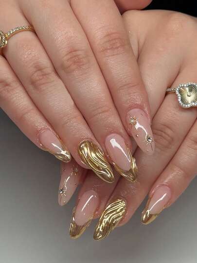 Eleva tu estilo con 24 piezas de uñas postizas de gel de almendra dorada larga con decoración de strass en forma de estrella, diseño de puntas francesas. Las uñas de almendra se ajustan perfectamente. Incluye: 1 pieza de pegamento de gel y 1 pieza de lima de uñas. Uñas postizas con puntas francesas de almendra para mujer y niña, para uso diario, festivales y fiestas