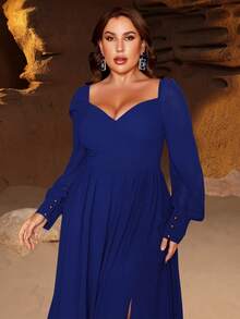 فستان سهرة بقصة كبيرة الحجم مع ياقة على شكل قلب، أكمام فوانيس، تصميم ظهر مكشوف، شق عالي، تنورة قصة A-line للمناسبات الرسمية، حفلات الزفاف، الحفلات الكبرى، وحفلات السجادة الحمراء - الأزرق - مشاهدة 6