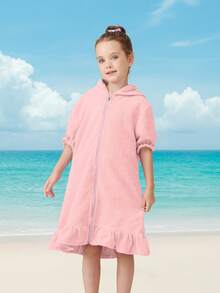1 件女童连帽拉链泳衣罩衫，可爱泡泡袖带裙，适合多个年龄段，吸水毛巾面料，适合幼儿和儿童，居家、游泳、沐浴必备 - 淺粉色 - 查看 9