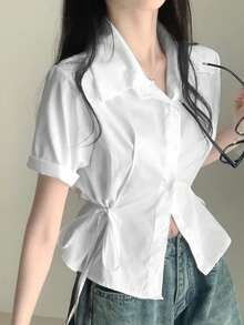 2025 Spring/Summer New Tie Design Button Women Short Sleeve Blouse - White - View 4