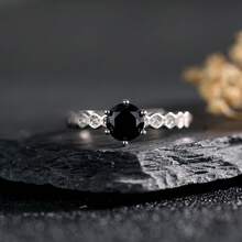 Adjustable 925 Silver Ring 6.5mm Round Black Spinel With Twisted Shank & CZ Accents Mysterious Elegant Jewelry Boho Gift