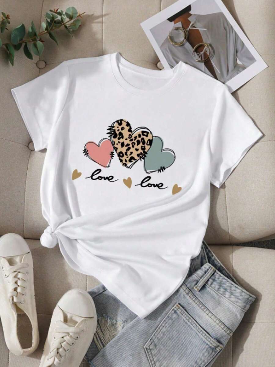 Camiseta gráfica con motivo de corazón y letra para mujer - Blanco - Ver 1