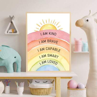 1 幅带框帆布画、波西米亚风格墙壁艺术画、育儿室墙壁艺术、育儿室装饰、墙壁装饰海报、励志印刷墙壁艺术、励志名言水彩文字、壁挂、直接悬挂