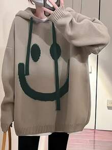 Herbst/Winter Europäischer & Amerikanischer Stil eleganter Oversize Damen Strickpullover, minimalistisches Gesichtsmuster Langarm Kapuzenpullover mit Kordelzug in Große Größen - Khaki - Übersicht 3
