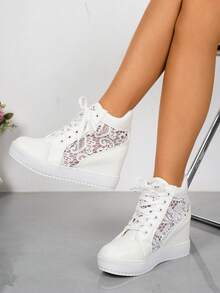 秋冬女装时尚户外新款白色厚底坡跟圆头系带镂空蕾丝透气复古休闲运动鞋白色鞋子加大码