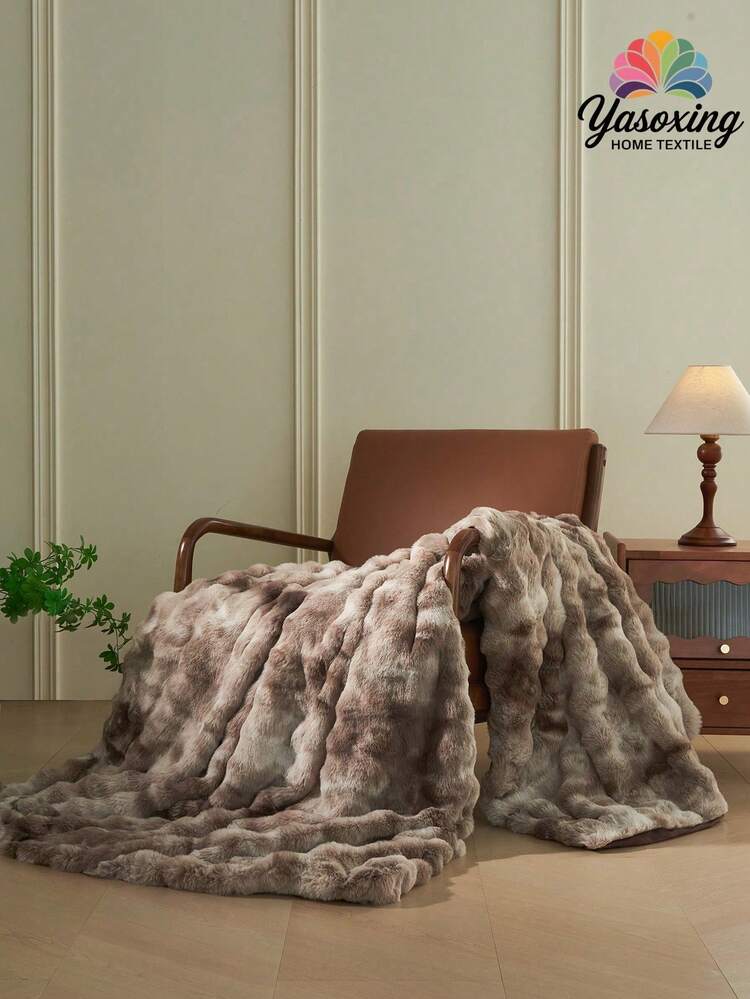 1 pieza Manta de felpa de piel de conejo sintética con efecto tie-dye en color café, manta de lujo y esponjosa de tamaño Queen, Twin o King para cama, sofá y sala de estar, suave y cómoda - Café integral - Ver 2