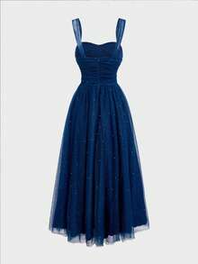 浪漫假日公主腰喇叭圣诞闪亮派对礼服，女士舞会礼服 - 藏蓝色 - 查看 6