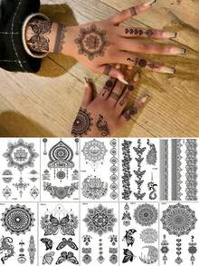 10 Blatt schwarze Henna Tattoos mit Mandala Blumen Schmetterling, wasserfeste temporäre Finger- und Handtattoos Aufkleber für tägliches Make-up, Festivals, Partys, Abschlussbälle und Accessoires