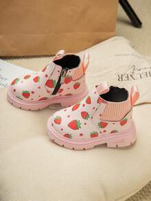 1 Pair Kids Strawberry Print Short Boots, New Autumn/Winter 2025 Children Casual Short Boots