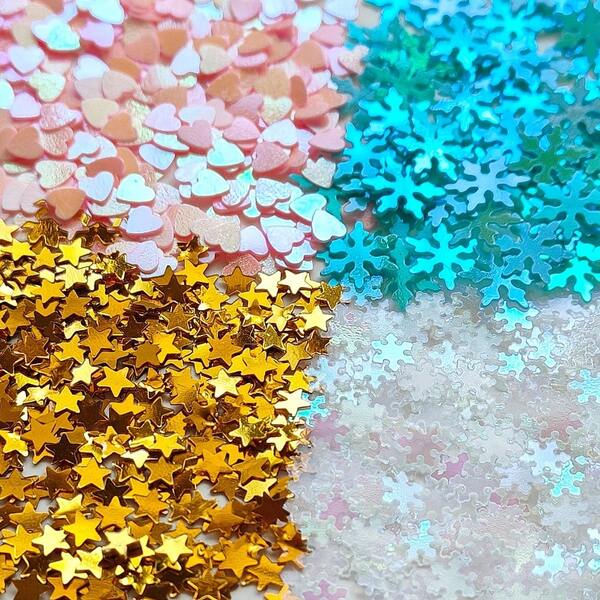 22g Lentejuelas con forma de copo de nieve, corazón y estrella para decoraciones de fiesta - Azul, Rosa, Transparente AB, Dorado, Hasta aproximadamente 10,600 piezas, Adecuado para decoraciones de cumpleaños, bodas y fiestas de San Valentín - Ideal para celebraciones románticas y despedidas de soltera - Decoraciones de Halloween, Decoraciones navideñas