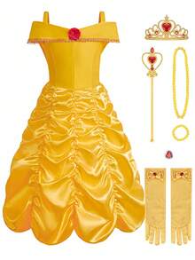 8pcs/Set Yellow Sleeveless Pleated Girls Red Rose Dress With Accessories, Children Christmas Party Halloween Costume Dress Up Set - Yellow - View 11