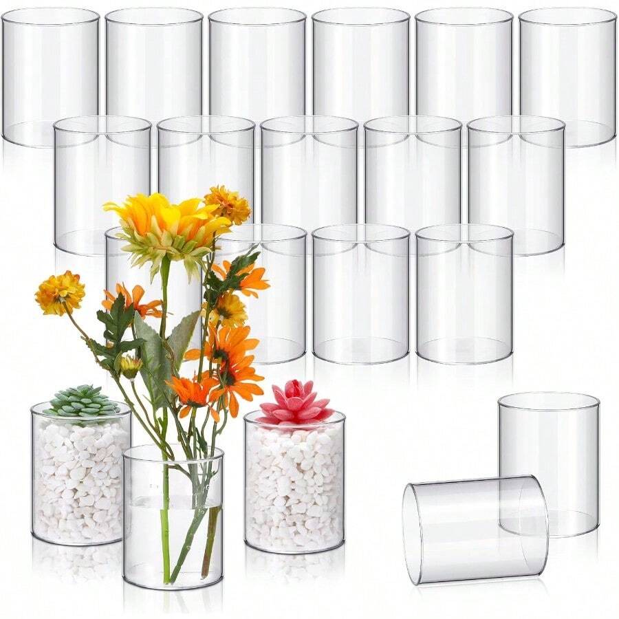 20 piezas Jarrón cilíndrico de plástico de 4 pulgadas, jarrón cilíndrico de acrílico a granel, pequeño contenedor transparente para flores, soporte para velas tipo huracán, contenedor redondo y ancho para centros de mesa para decoración del hogar, oficina y bodas - Claro - Ver 1