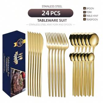 24pcs Stainless Steel Portuguese Style Cutlery Set (Including Gift Box), Multiple Colors Available, Includes Knife, Fork, Spoon And Tea Spoon, Complete Set Suitable For Kitchen, School, Party, Home Use, Ideal Choice For Back To School Season