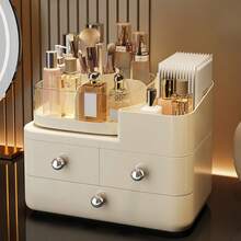 CASEGRACE 1 pièce Organisateur de maquillage à 3 niveaux grande capacité avec tiroirs - Boîte de rangement cosmétique portable, design compact en plastique durable pour la coiffeuse, la salle de bain et le bureau - Rangement pour rouge à lèvres, soins de la peau, pinceaux. Construction robuste, organisateur de rangement cosmétique, finition lisse, boutons métalliques