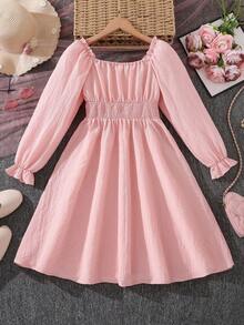女童优雅蝴蝶结方领长袖连衣裙，春秋装 - 粉色 - 查看 2