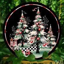 2D Flat, Room Decor Vintage Merry Christmas Iron Wall Art, 8X8 Inches Round Festive Decor, 3D Holiday Scene With Snowy Trees, Wall-Mounted & Window-Displayable, Ideal For Home, Cafe, Bar, Kitchen, Restaurant, Party & Garden Decoration Home Decor Christmas Decorations