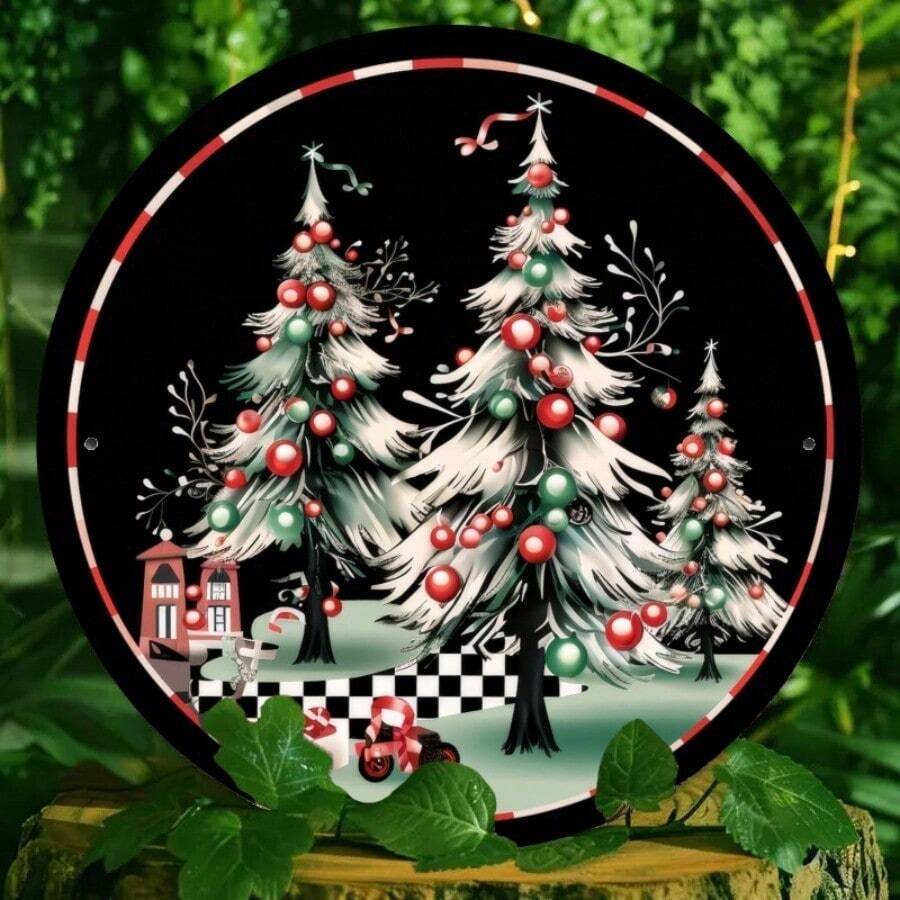 2D Flat, Room Decor Vintage Merry Christmas Iron Wall Art, 8X8 Inches Round Festive Decor, 3D Holiday Scene With Snowy Trees, Wall-Mounted & Window-Displayable, Ideal For Home, Cafe, Bar, Kitchen, Restaurant, Party & Garden Decoration Home Decor Christmas Decorations