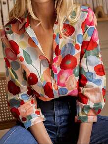 Women's Elegant Floral Shirt For All Seasons, Lapel Design, Button Details, Multifunctional Top For Adults, Fashionable Long Sleeve Shirt New Hot Selling Floral Top Showy - 紅色 - 查看 4