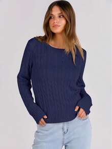 White Women's Long Sleeve Knit Solid Color Casual Ribbed Beach Sweater - Navy Blue - View 6