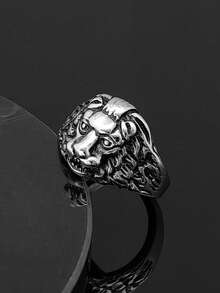 1pc Fashionable Stainless Steel Lion Head Ring, Rugged Animal Jewelry Accessory, European And American Style - steel color - View 4