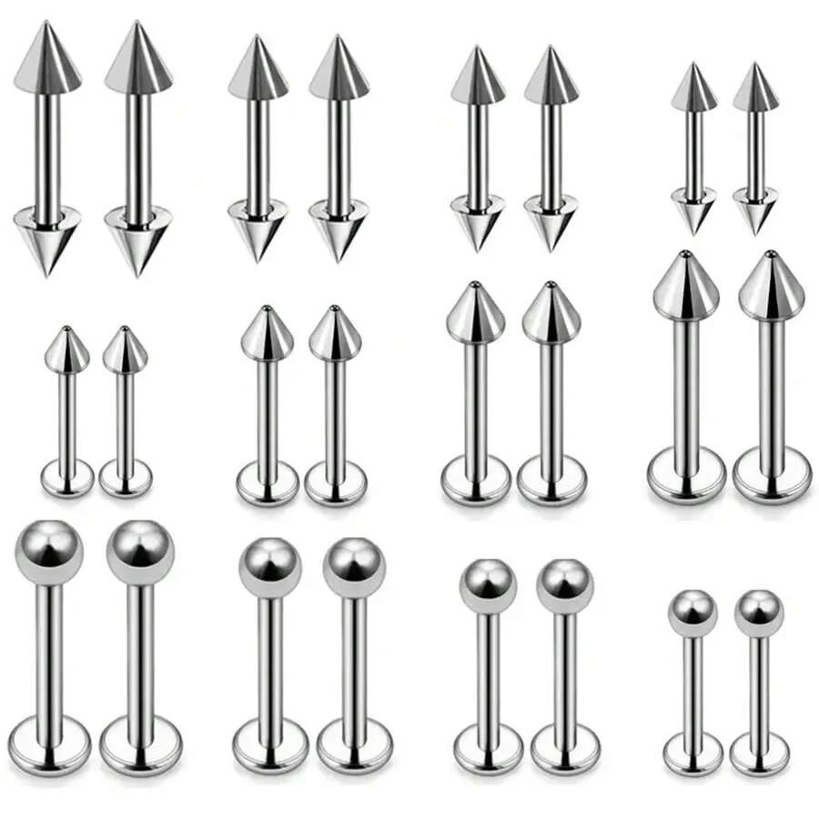 24PCS Labret Jewelry For Women Men 16G 316L Stainless Steel Lip Rings Spike Ball Flat Back Stud Straight Barbell Cartilage Earring Snake Bite Piercing Jewelry Tragus Helix Rook Conch Piercing Hypoallgenic 6mm 8mm 10mm 12mm - 銀色 - 查看 1