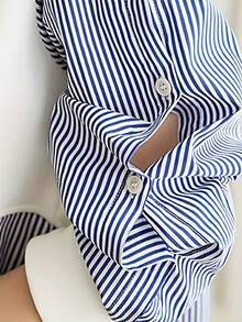 1pc Striped Patchwork Contrast Color Ribbed Button Women Blouse, Casual & Collegiate, Spring/Autumn