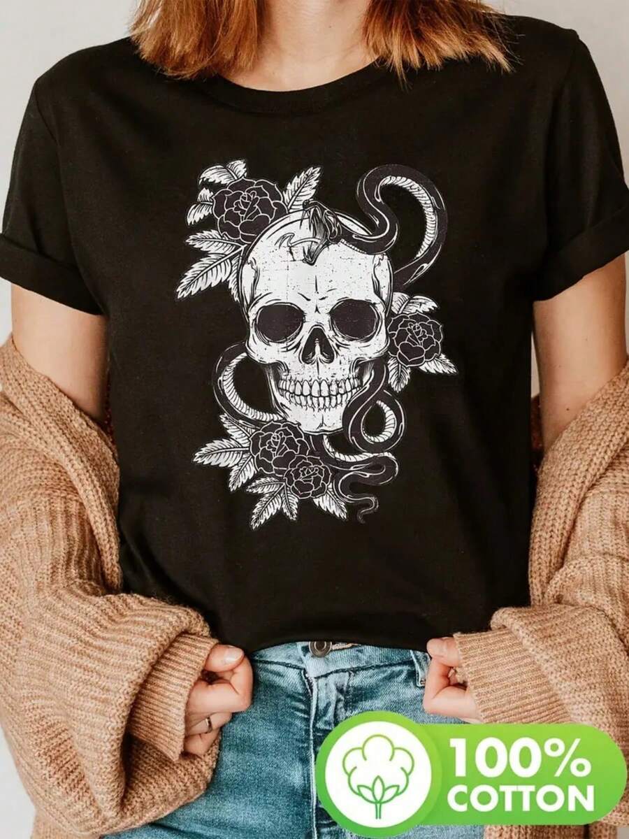 100% single-sided autumn and winter pure cotton T-shirt, with the strong arrival of the Day of the Dead, easy to breathe, absorb moisture and sweat, printed with marginal floral skull and snake design, women's 180g pure cotton T-shirt, Mexican party clothing, cultural celebration clothing, festival skull design, comfortable fabric, festival clothing, soft material, casual wear - Negro - Ver 1