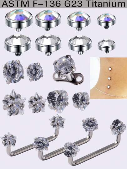 1PC Implant Grade Titanium Micro Dermal Piercing Surface Barbells CZ Crystal Hide-In Skin Diver Micro Dermal Anchors Round/Heart/Star Zirconia Crystal Gem Dermal Anchor Surface Dermal Piercing Rings Body Jewelry