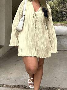 Váy có thắt lưng cỡ lớn, váy dài tay xòe ôm sát màu trơn, thích hợp mặc dạo phố mùa hè - Màu be - Xem 4