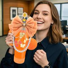 QY Bling Cup Accessories For 40/30/20 Oz Tumbler With Handle Including Orange Glitter Bow Straw Topper, Heart Straw Cover, Pearl Water Bottle Handle Strap, Boot, Pom-Pom, Keychain Charms 2216 - 橘色 - 查看 5