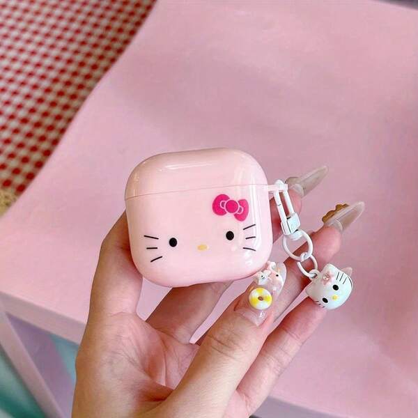 Sanrio Funda protectora de auriculares con lazo de Hello Kitty de Sanrio, adecuada para AirPods 1/2 Pro 2 4 - Funda de auriculares inalámbricos, estuche suave de dibujos animados con colgante